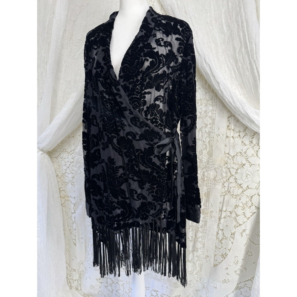 Soft Surroundings Velvet Burnout Kimono L Whimsigoth Witchy Boho Fringe Tie Wrap - Picture 4 of 8